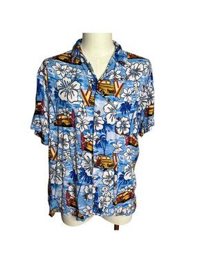 Vintage 90s Clear Blue Sky Hawaiian Camp Shirt M Blue Floral Short Sleeve Button